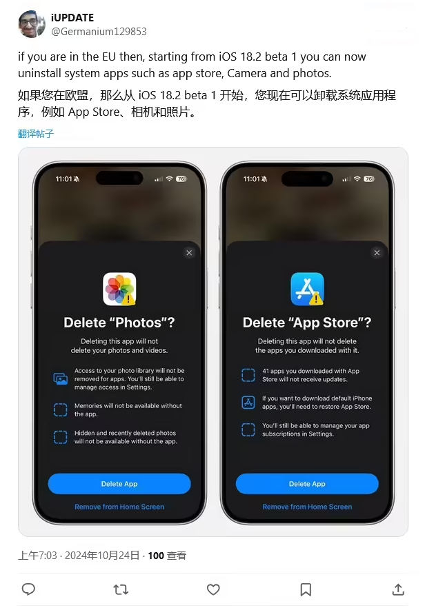 黎母山镇苹果手机维修分享iOS 18.2 支持删除 App Store 应用商店 