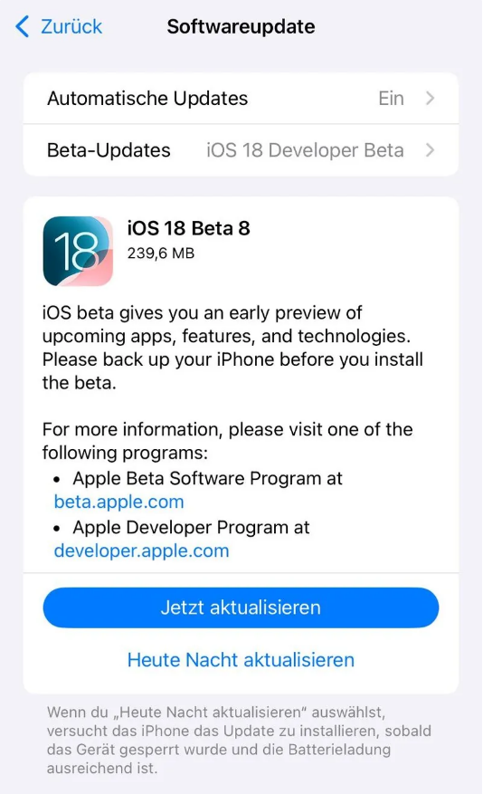 黎母山镇苹果手机维修分享苹果 iOS / iPadOS 18 开发者预览版 Beta 8 发布 